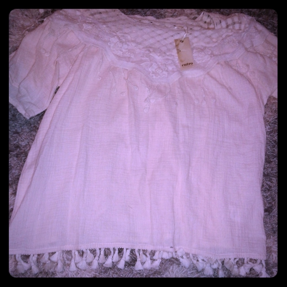 Entro crochet neck lace fringe blouse large new